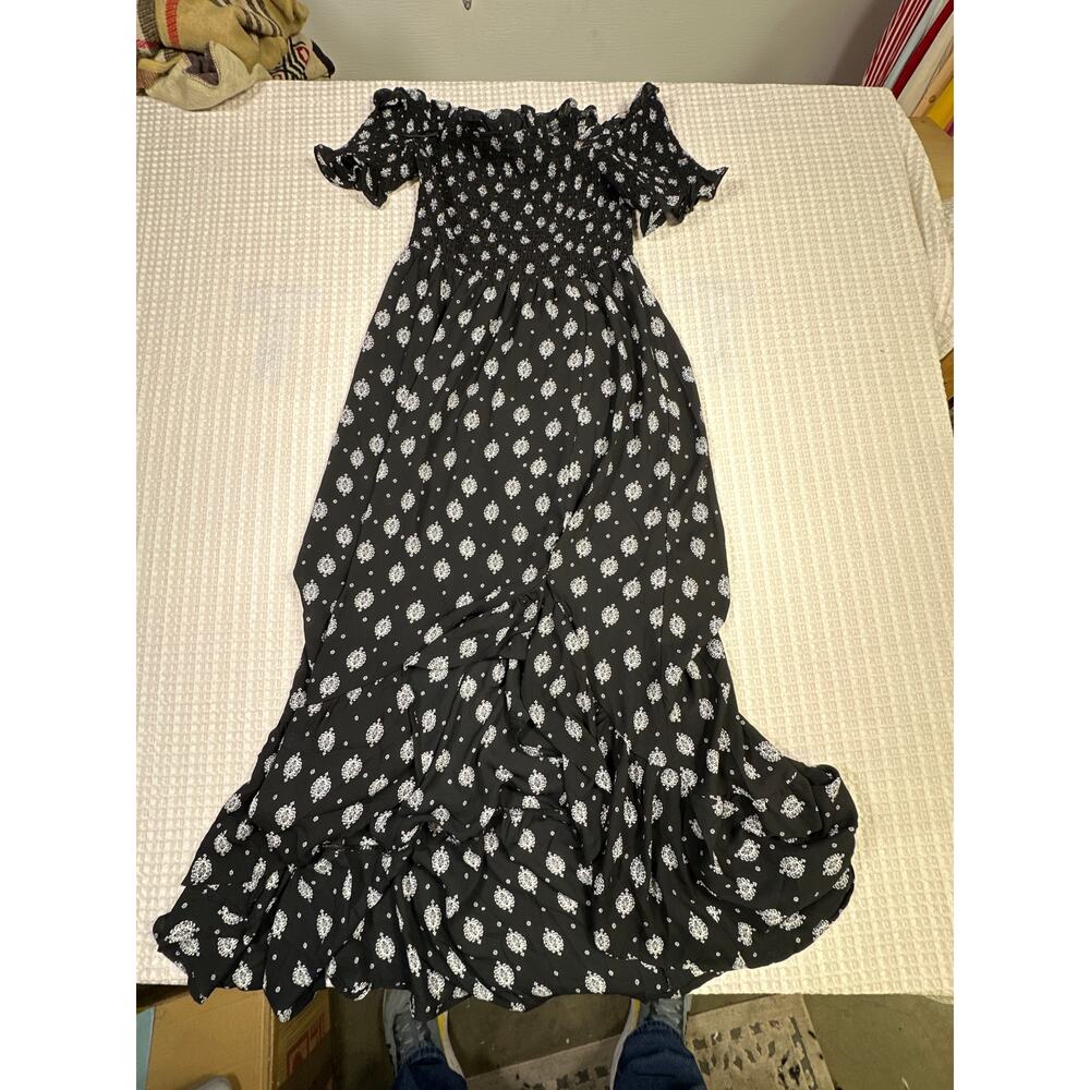 Blue Rain Maxi Dress Womens XL Boho Off Shoulder Smocked Black White Festival